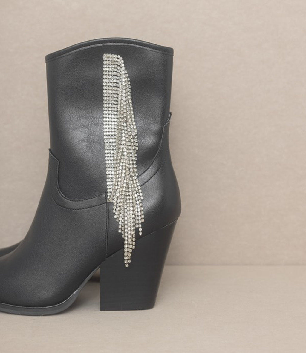 Black Rhinestone Fringe Western Ankle Boots with Etched Toe Cap