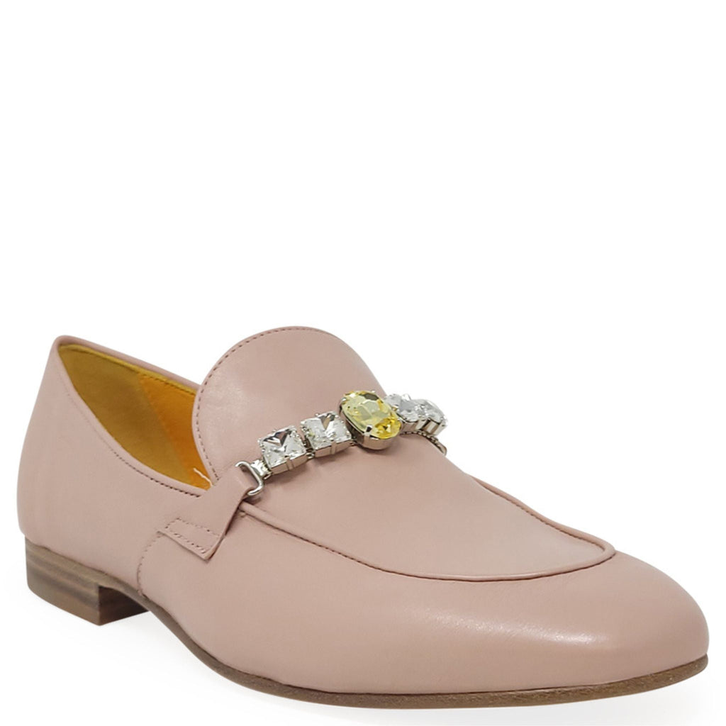 Pink Leather Flat Jeweled Loafer