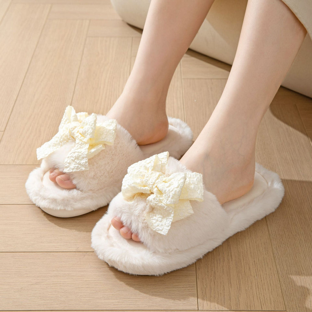 Women’s Plush Memory Foam Slippers with Bow, Cozy Indoor Footwear