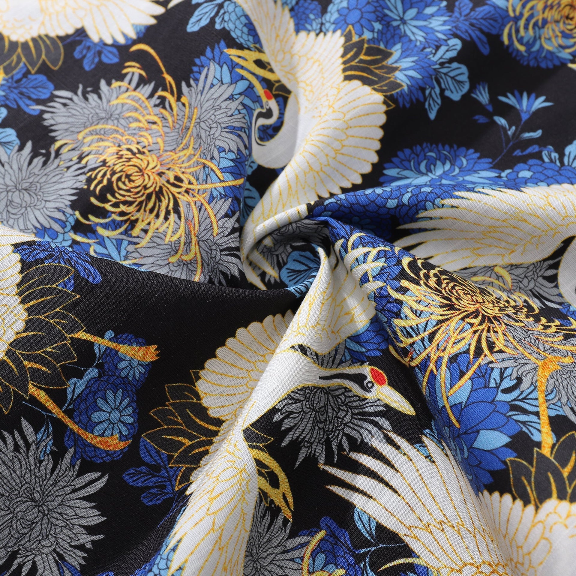 Crane Print Men’s Hawaiian Camp Collar Cotton Resort Shirt
