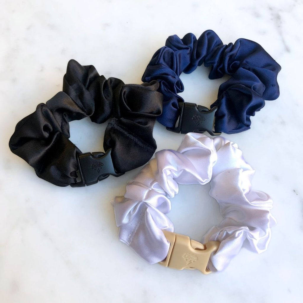 3-Pack Neutral Satin Hair Scrunchies - Black, White, Navy Blue