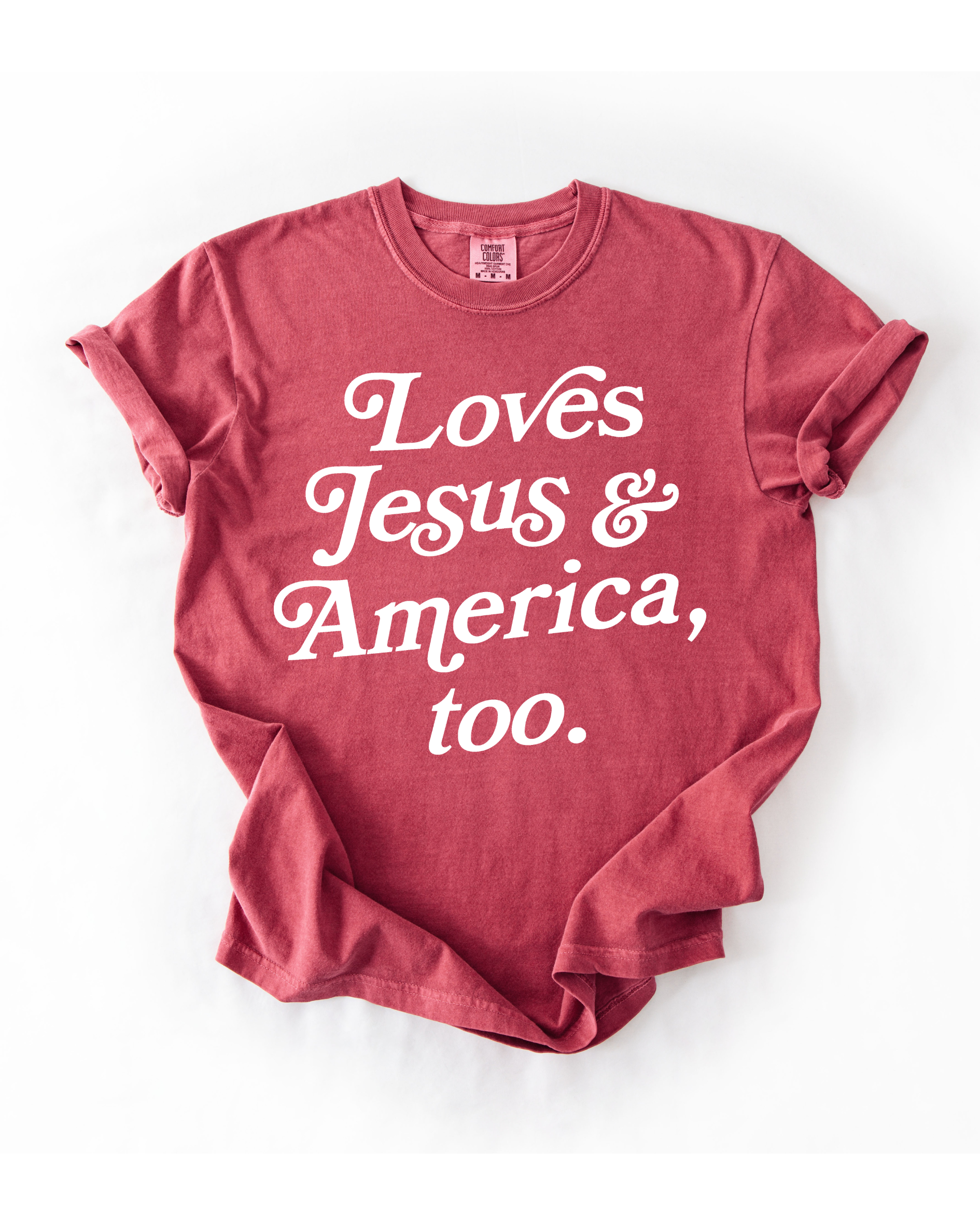 Loves Jesus + America, Too Patriotic Graphic Tee