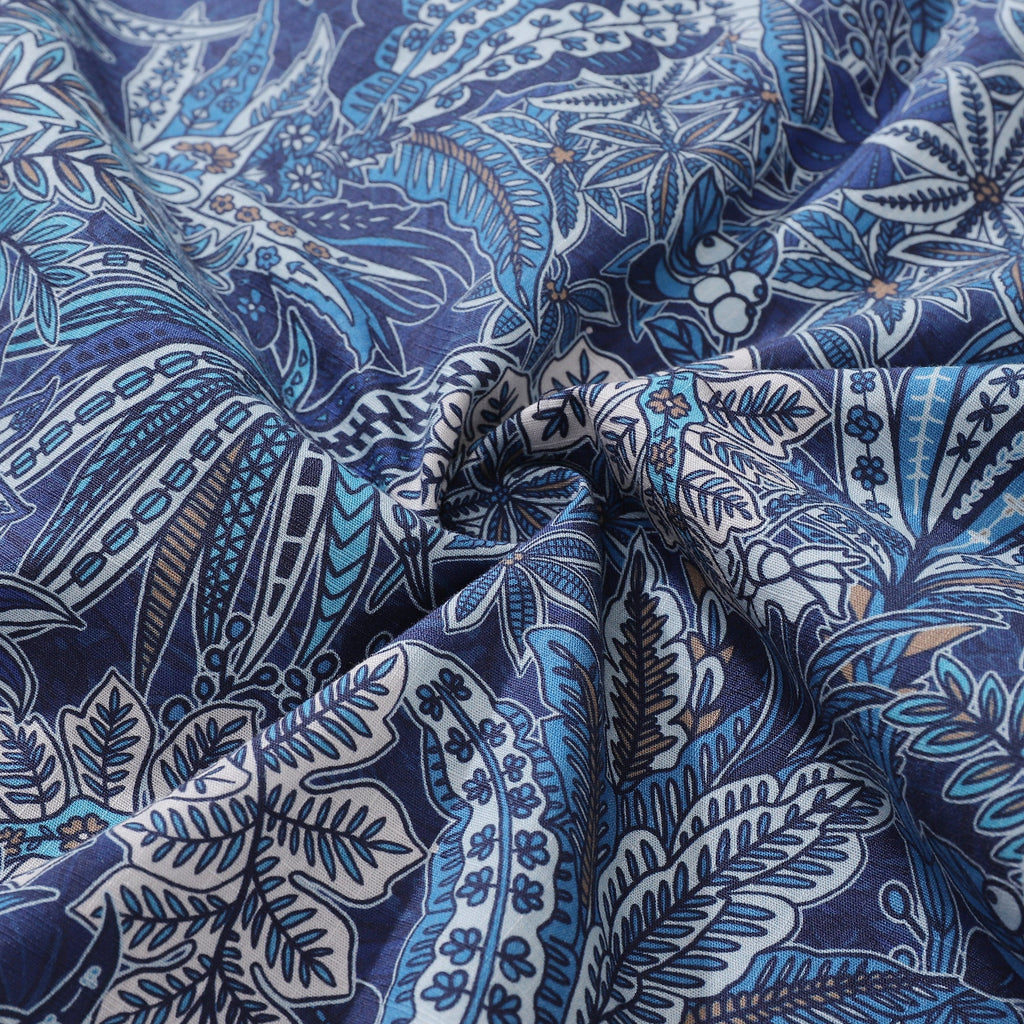 Men's Tropical Blues Botanical Print Cotton Camp Collar Shirt