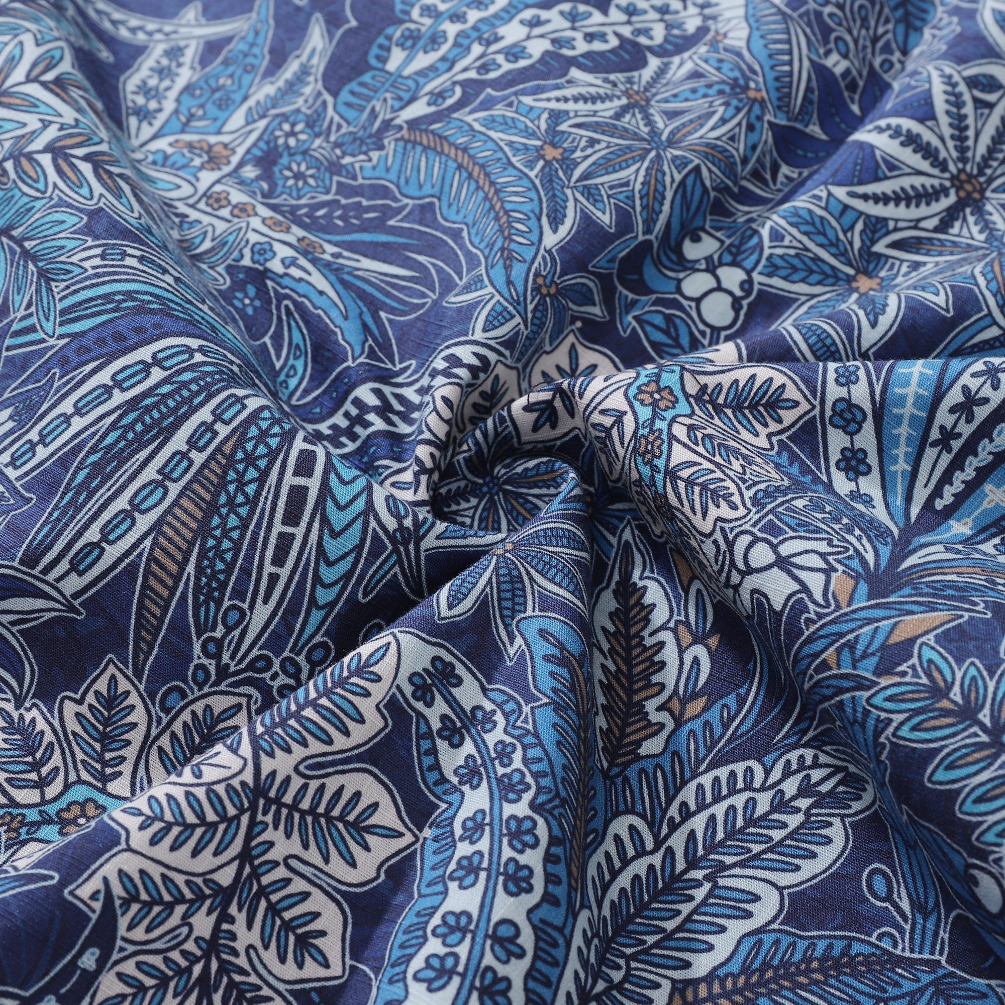 Men's Tropical Blues Botanical Print Cotton Camp Collar Shirt