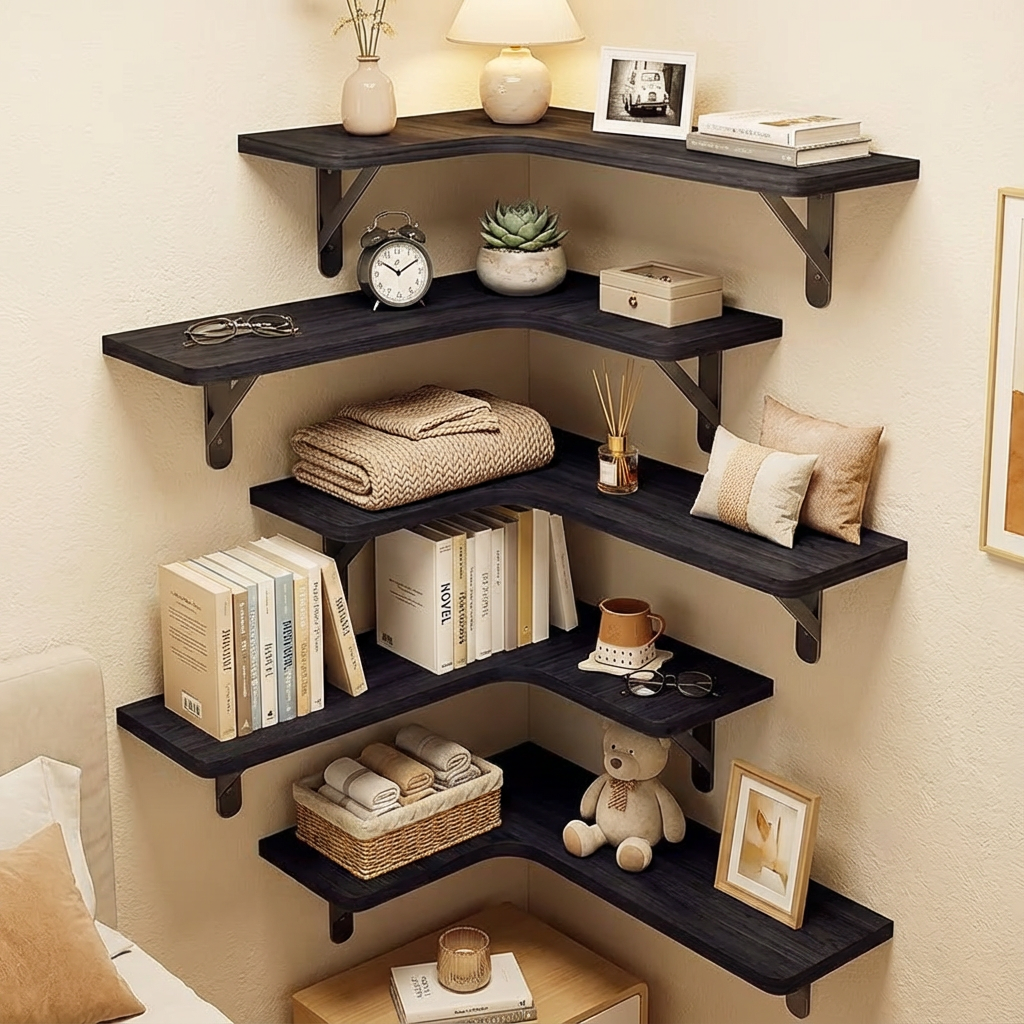 Rustic Corner Floating Shelves Set of 5, Farmhouse Wall Mount