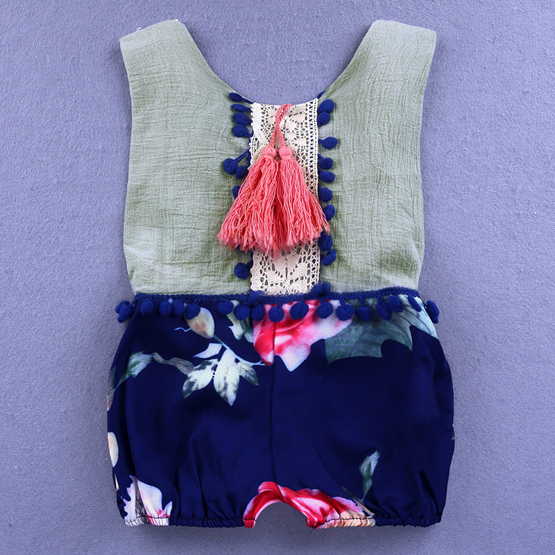 Floral Tassels Sleeveless Backless Baby Girl Romper Jumpsuit