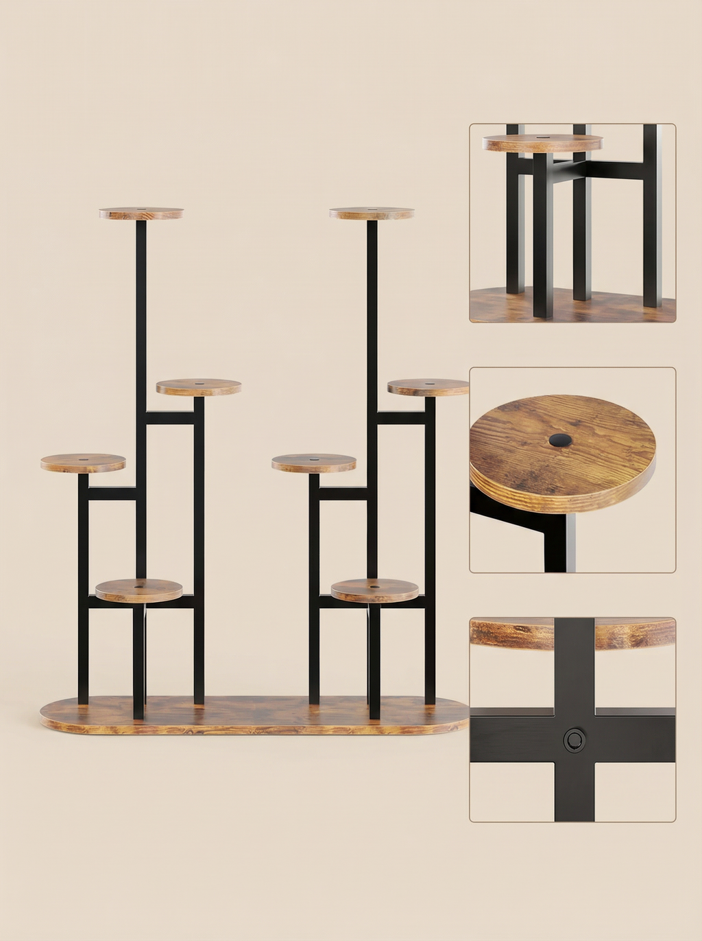 8-Tier Metal & Wood Plant Stand, Modern Indoor Outdoor Flower Rack