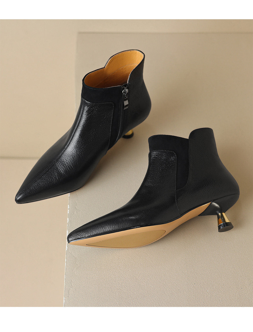 Women's Black Genuine Leather Kitten Heel Ankle Boots Pointed Toe - Image 2