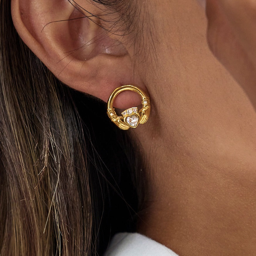 18K Gold-Plated Friendship Hand Stud Earrings with Cubic Zirconia