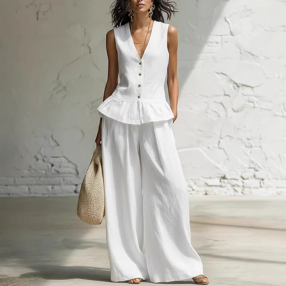 Women's Ruffled Sleeveless V-Neck Vest and Wide Leg Pants Set - Image 4