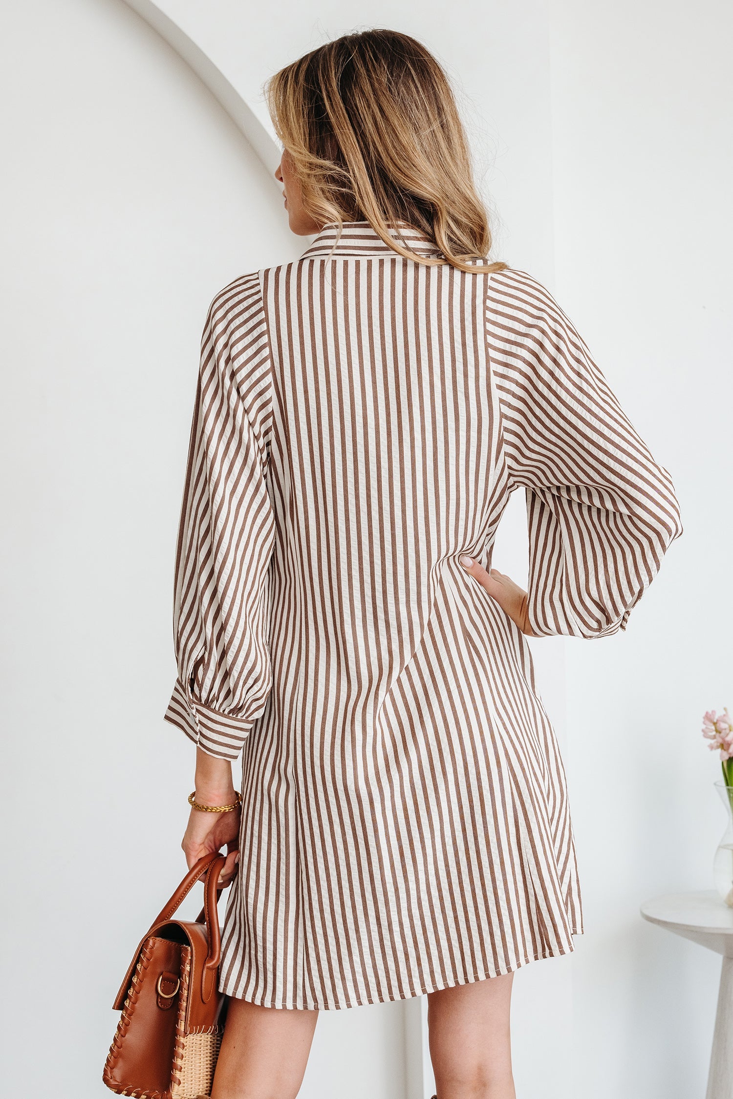 Stripe Knot Waist Sleeve Button Down Dress