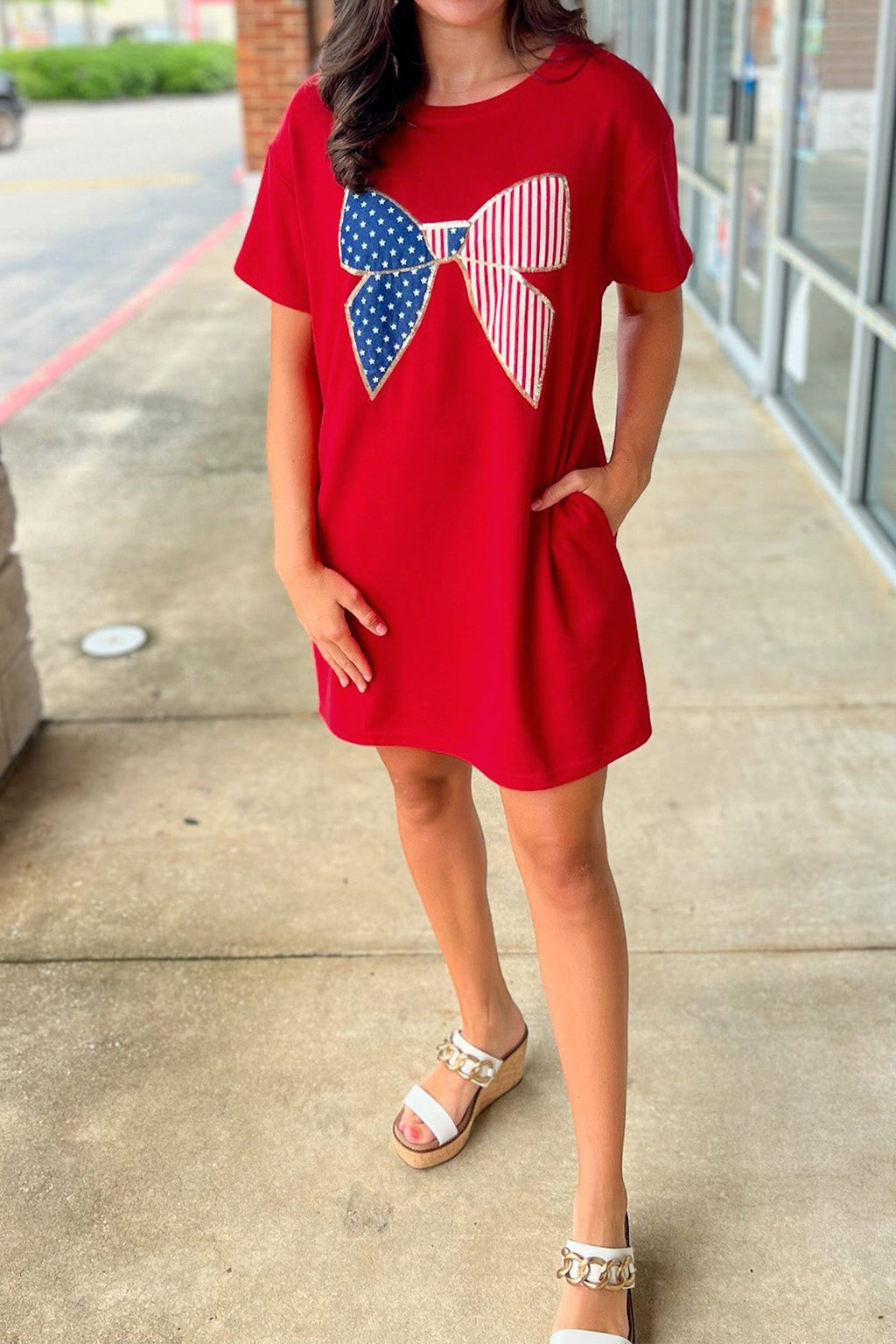 Red Sequin Stars & Stripes Bow T-Shirt Mini Dress