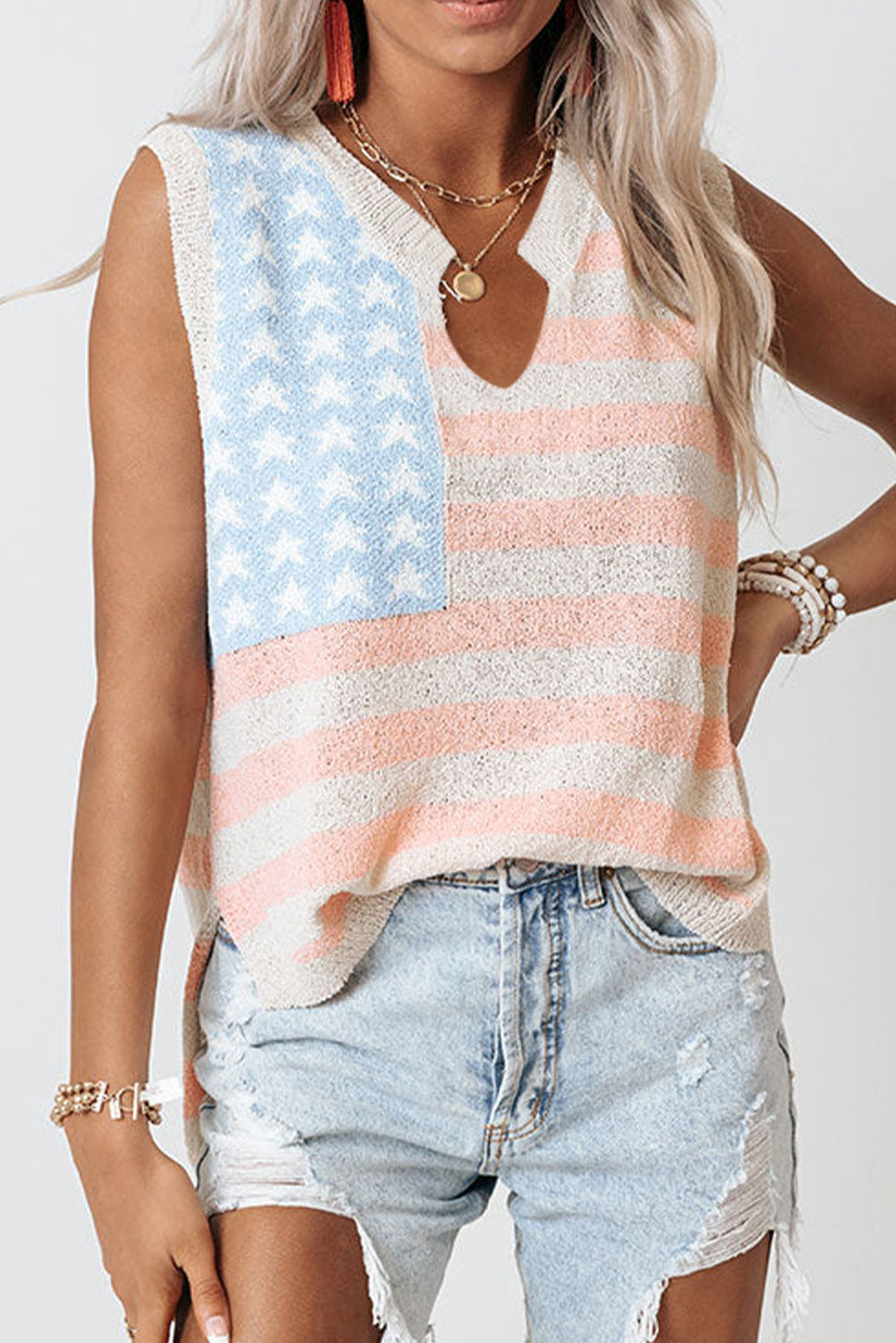Pink Stripe USA Flag Notched Neckline Loose Knit Vest