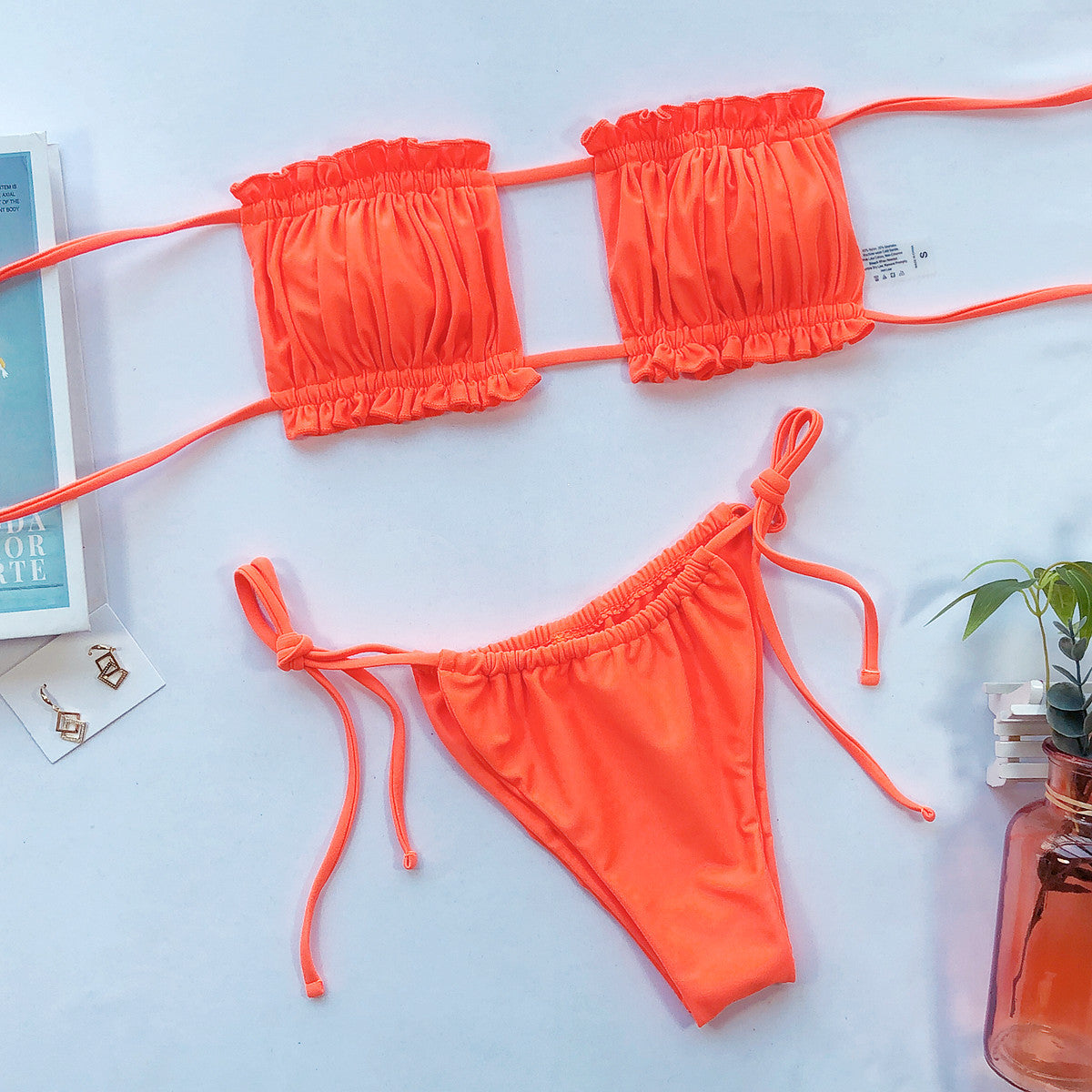 Yellow Ruched Bikini Set with Flirty Frill Trim and Tie Sides - Image 9