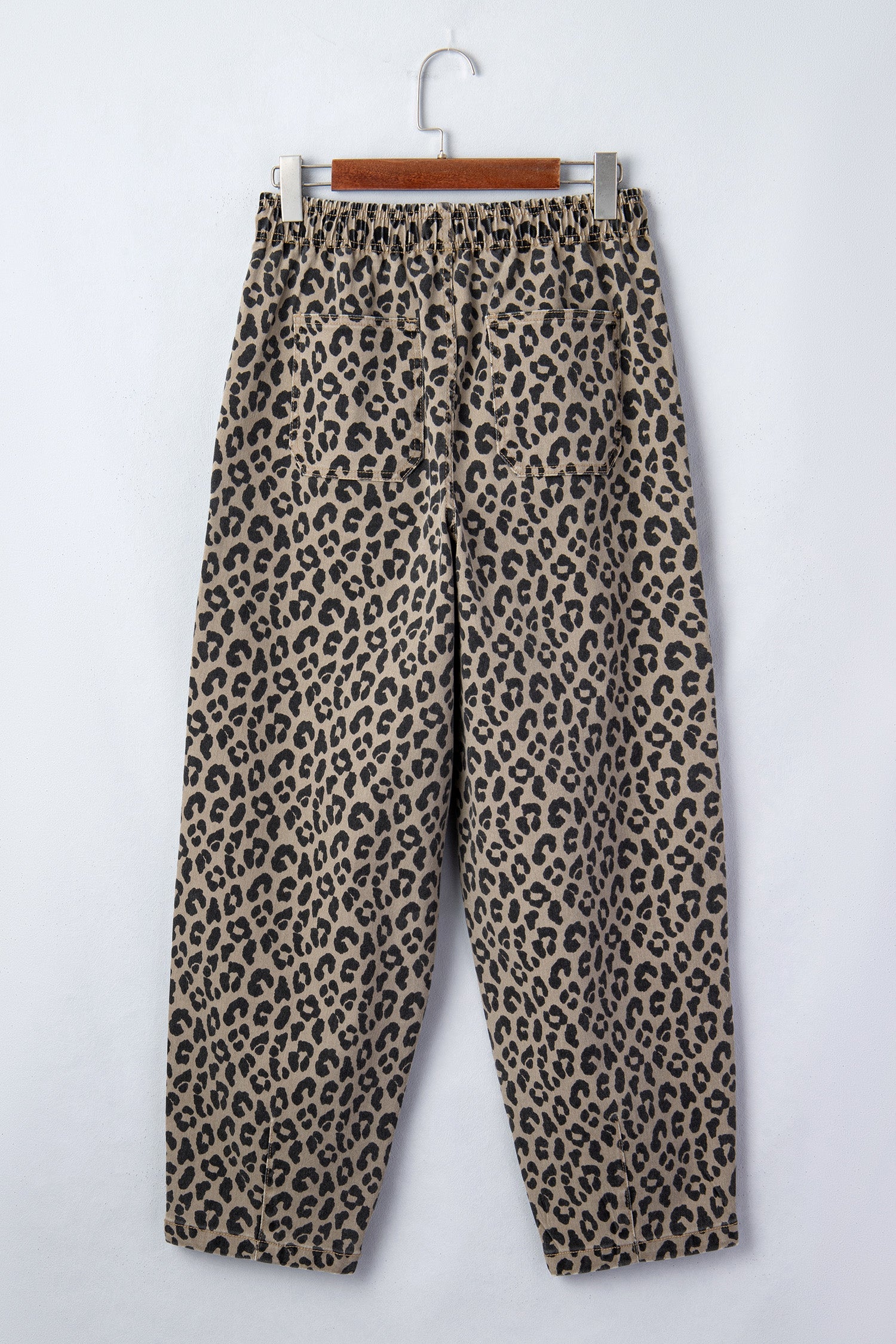 Khaki Leopard Print Drawstring Denim Pants with Pockets