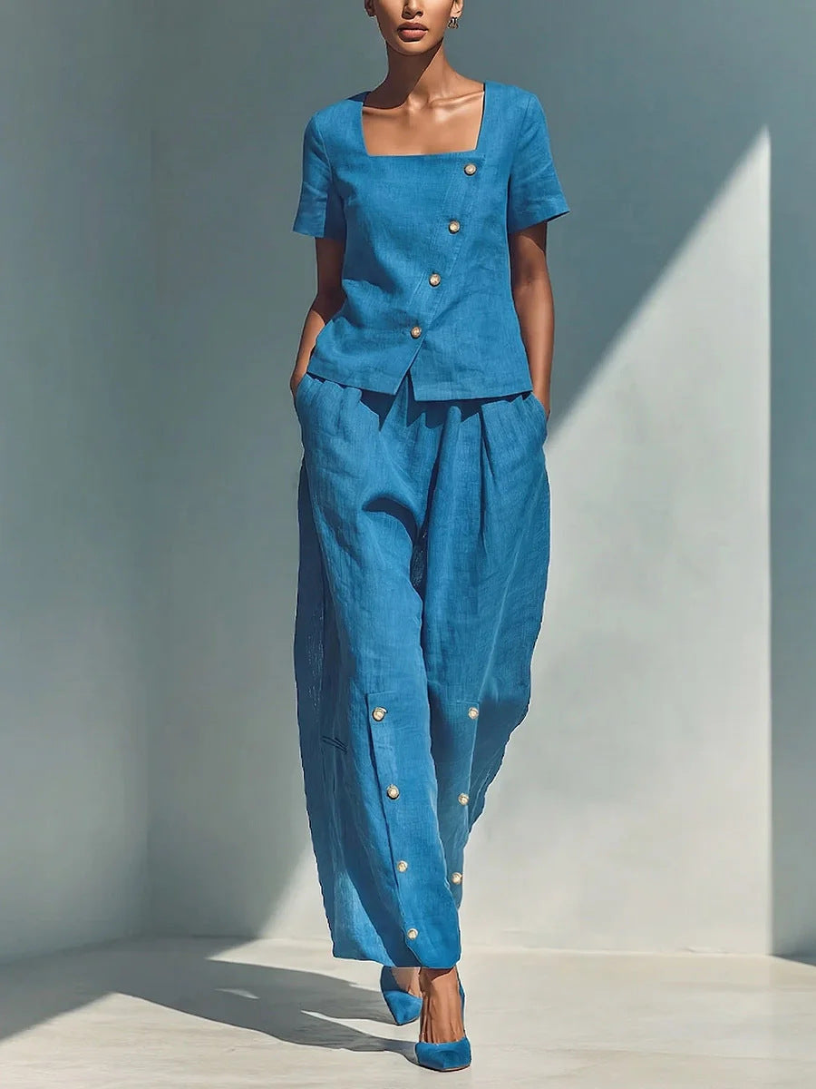 Women's Short Sleeve Square Neck Top and Buttoned Pant Set - Image 8
