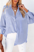 Blue Striped Casual Shirt with Shirred Cuffs | Polyester