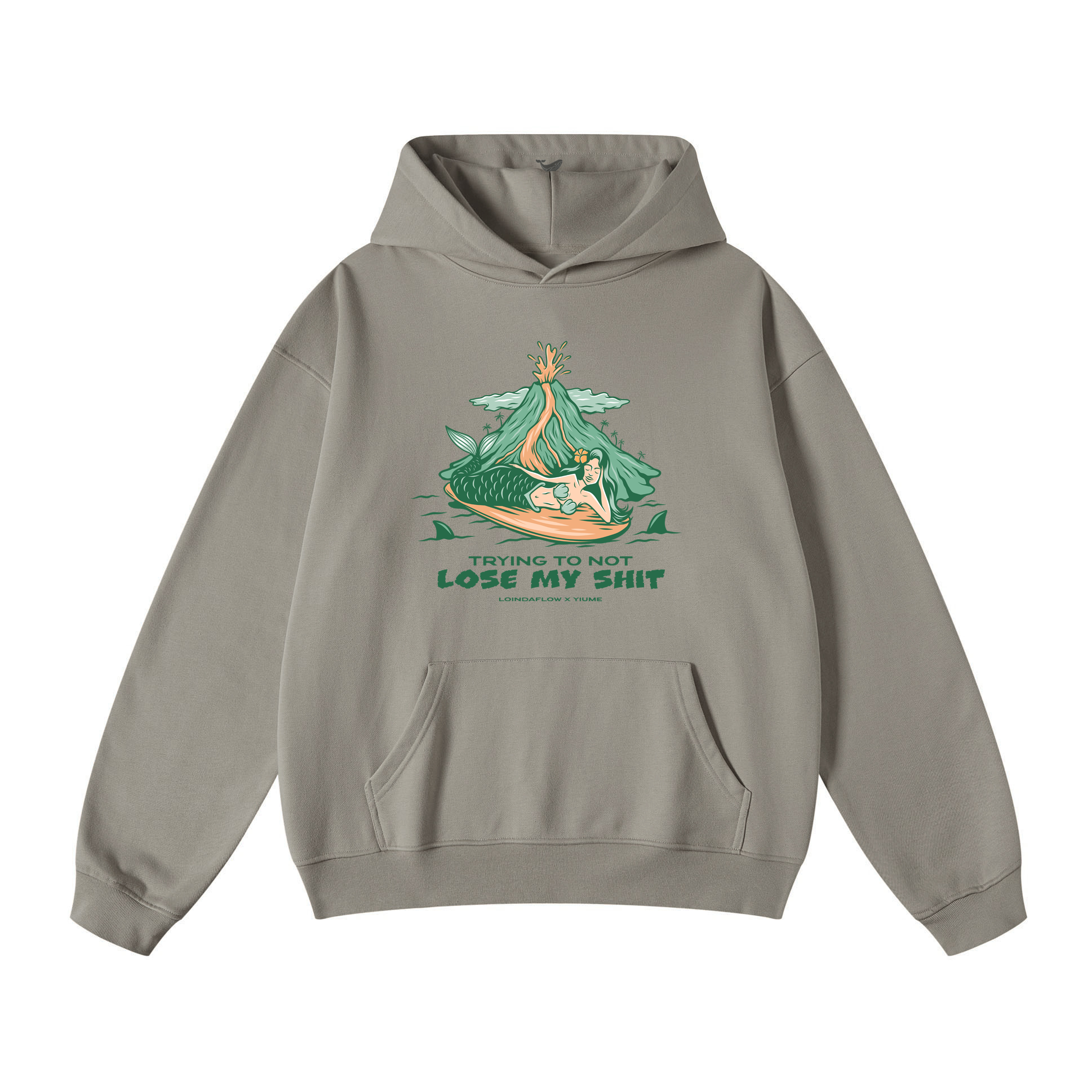 CAMEL colored hoodie with Hang Loose mermaid graphic print on the front
