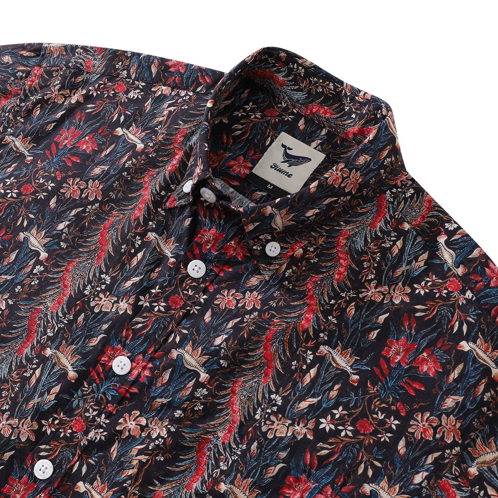 Men's Floral Hawaiian Button-Down Shirt in Cotton Iris Print