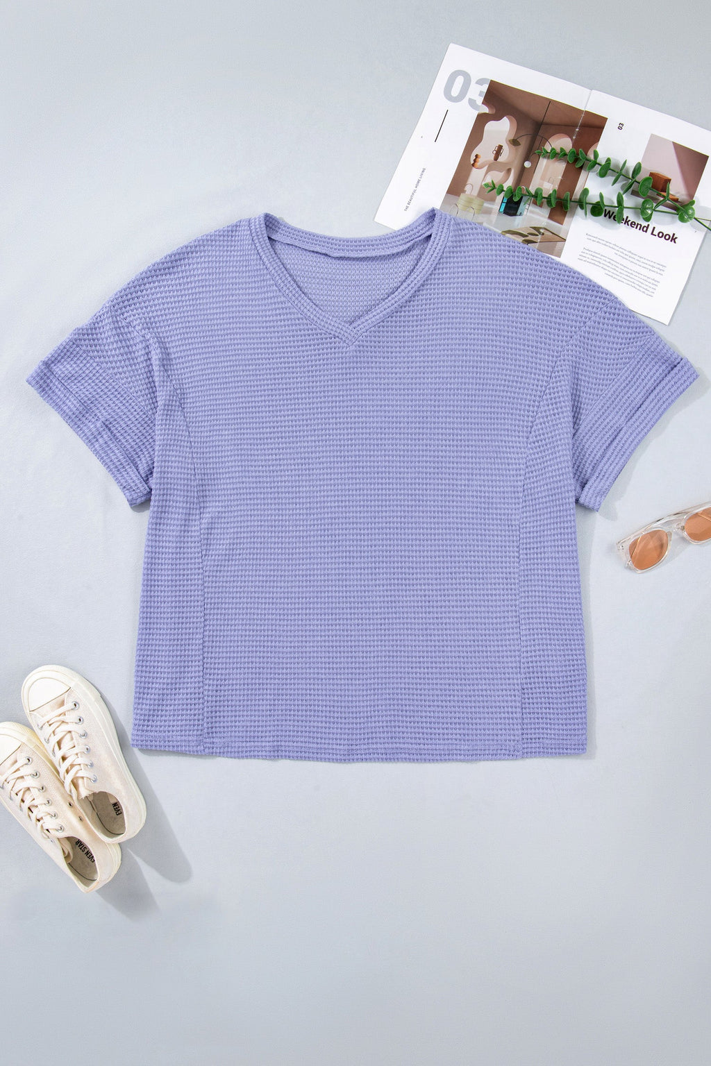 Mint Green Waffle Knit V-Neck Short Sleeve Top - Image 3