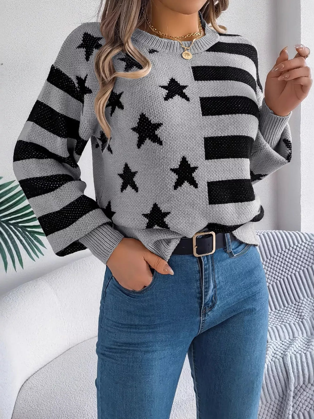 Stars and Stripes Pattern Casual Round Neck Sweater