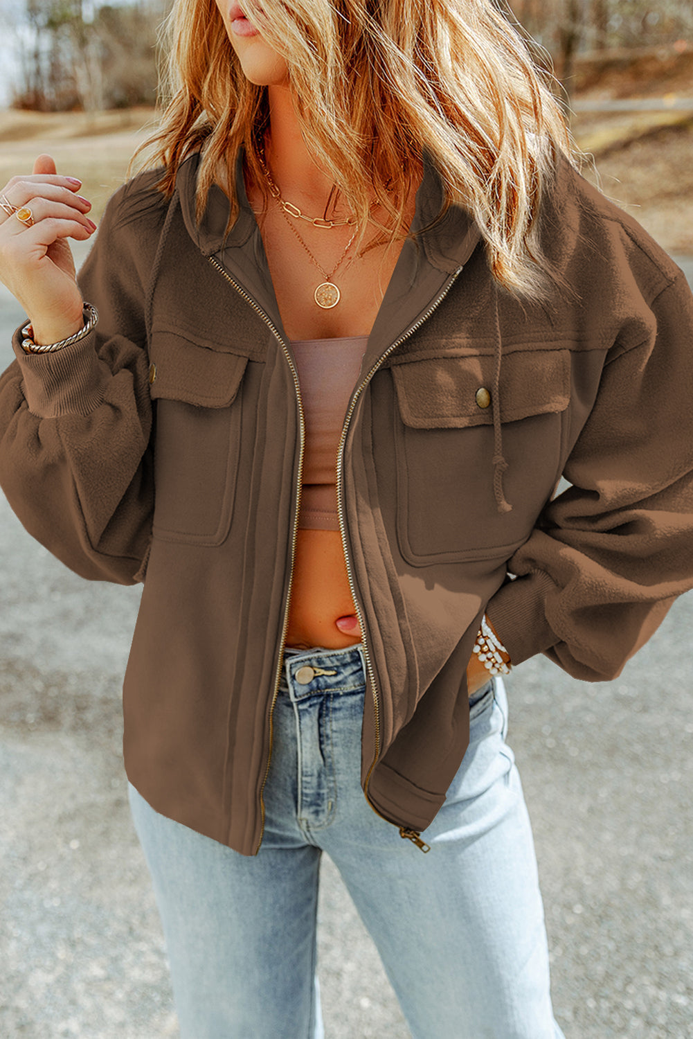 Green Bishop Sleeve Zip Up Hoodie Jacket with Flap Pockets