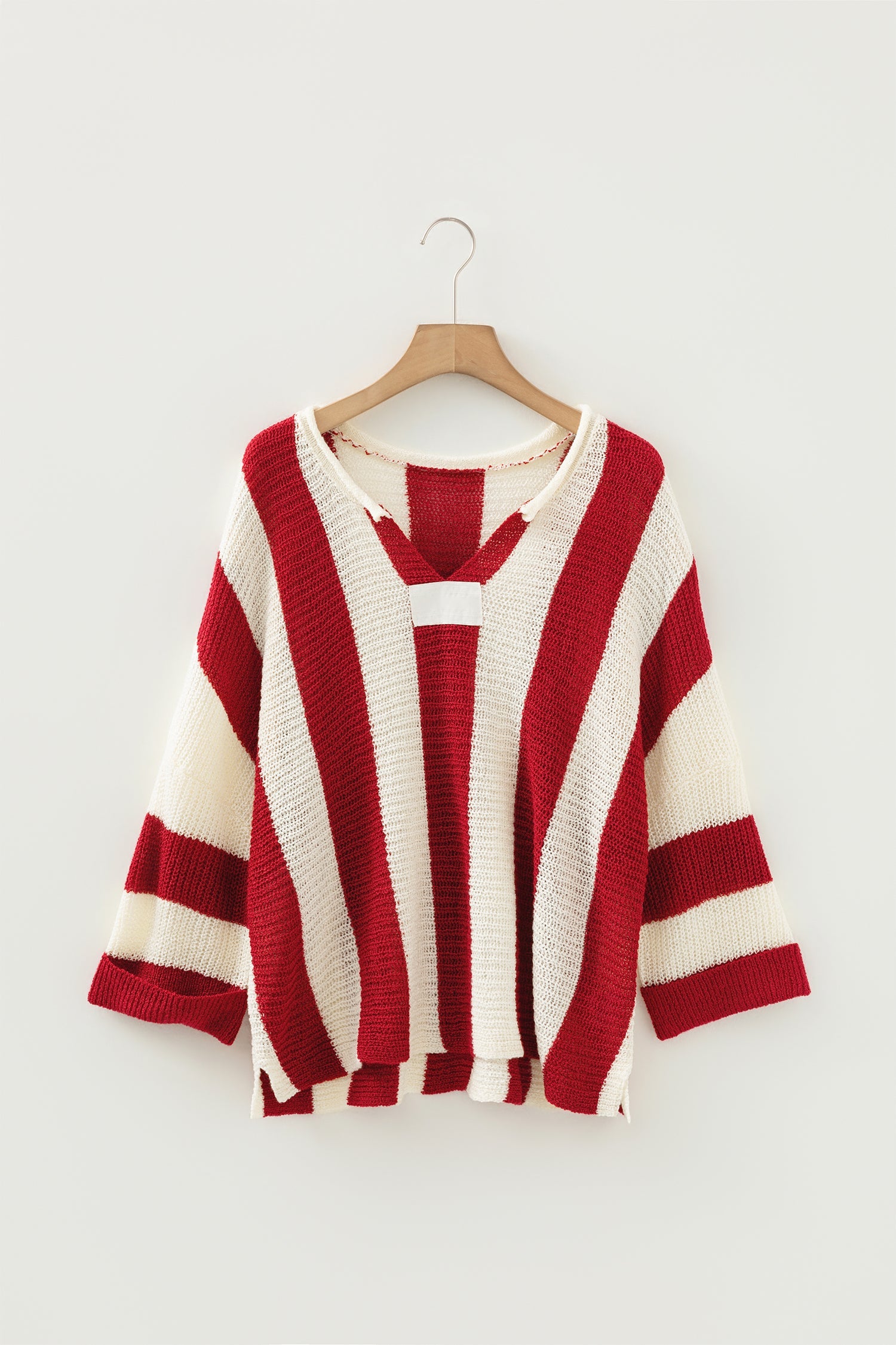 Colorblock Stripe V-Neck Bracelet Sleeve Sweater - Red and White