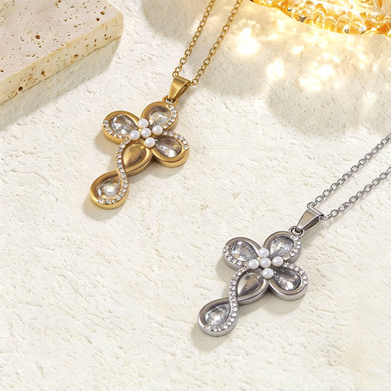 Stainless Steel Rhinestone Cross Pendant Necklace for Women
