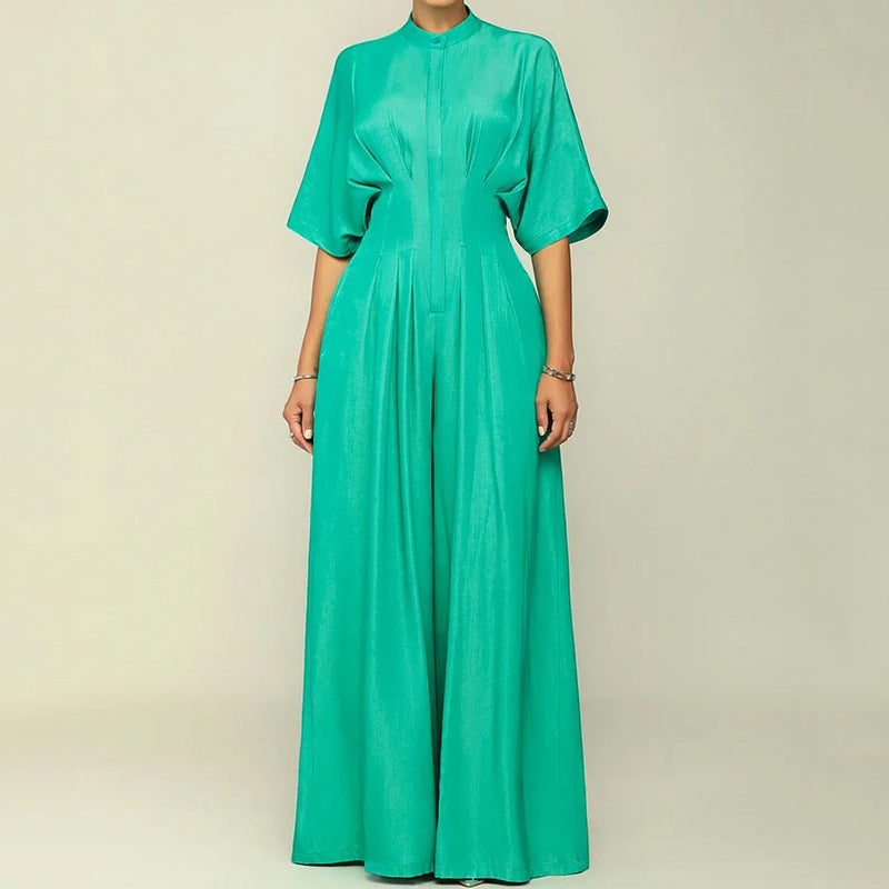 Emerald Green Satin Wide-Leg Jumpsuit with Bat Sleeves