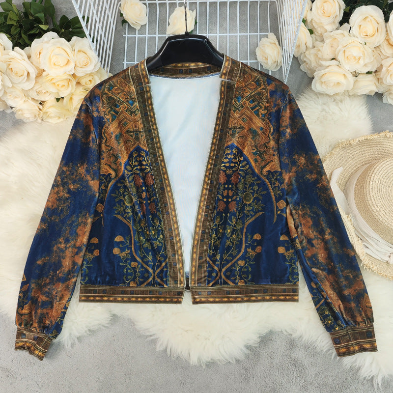 Women’s Retro Bohemian Velvet Cardigan - Geometric Loose Coat