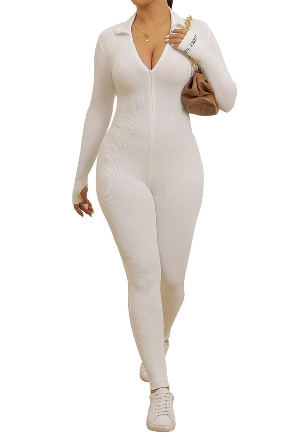 ECHOINE Women Ribbed Long Sleeve Jumpsuits Workout Zip Front Sport Yoga Jumpsuits S-2XL White