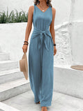 Navy Blue V-Neck Sleeveless Jumpsuit with Twist Strap Detail