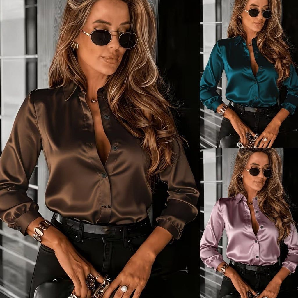 A woman wearing a long-sleeve satin button-down shirt available in brown, dark teal, and lavender.