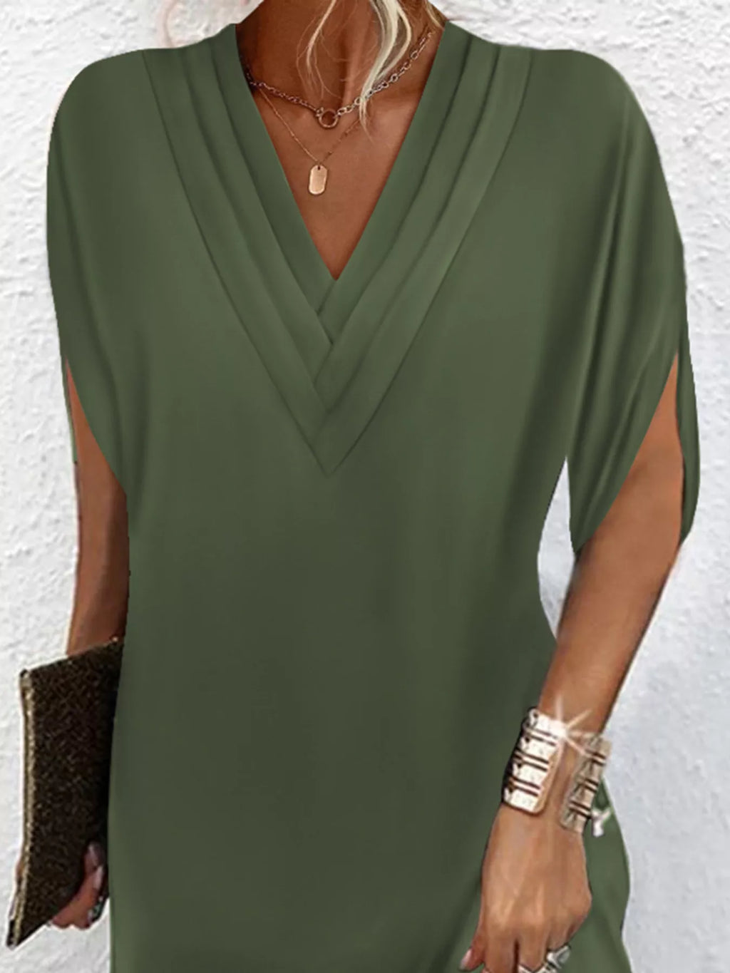 Full Size V-Neck Slit Sleeve Mini Dress Plus Size