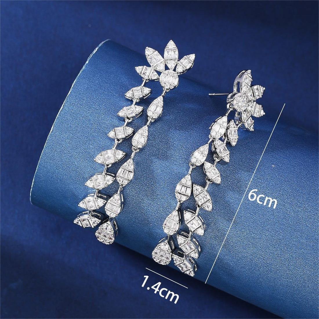 Floral Diamond Leaf Earrings, Pave Crystal Drop Earrings Silver