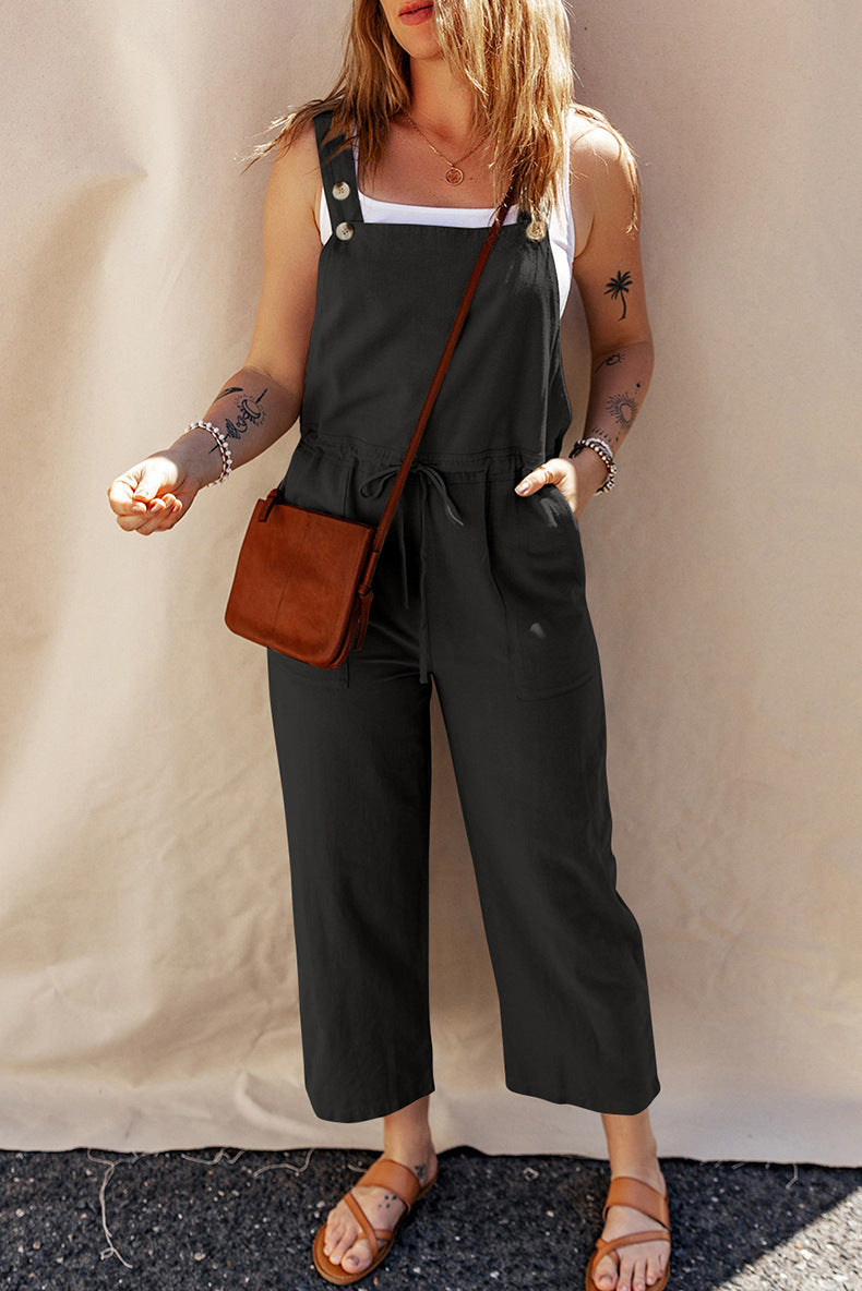 Women's Sleeveless Linen Camisole Jumpsuit Casual Wide Leg - close-up detail