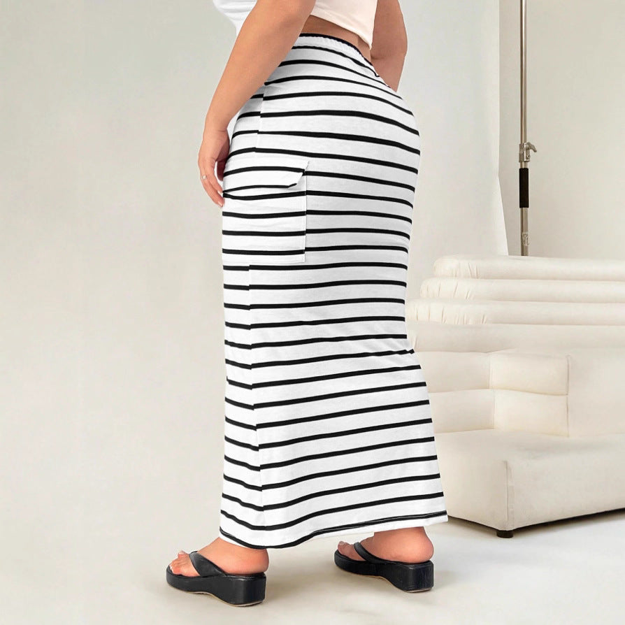 Striped Knitted Slim-Fit Hip Skirt - Mid-Length Casual Skirt