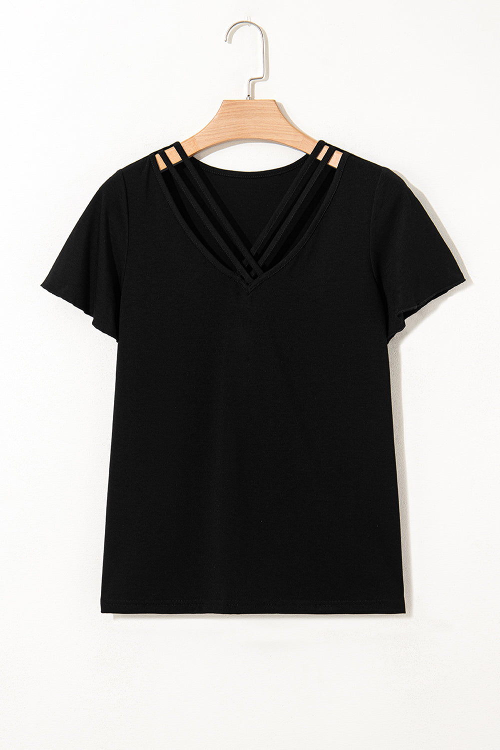 Black Crisscross V-Neck Butterfly Sleeve T-Shirt