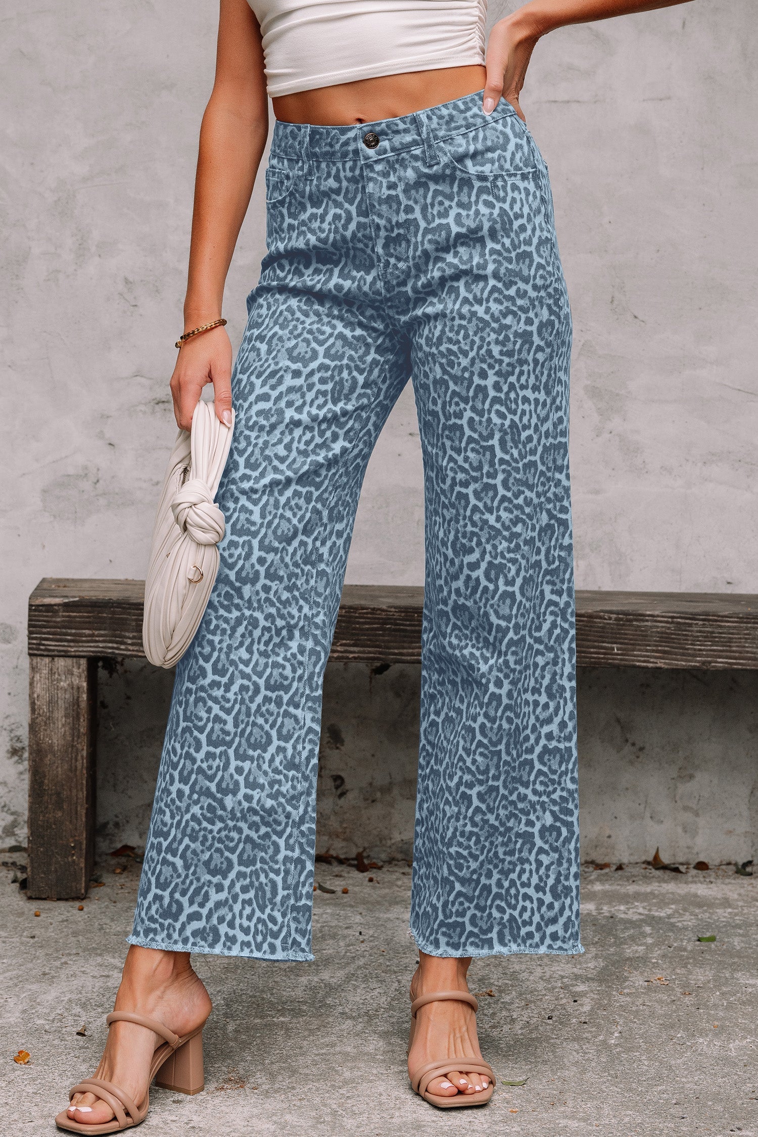 Gray Leopard Frayed Edge Wide Leg High Waist Jeans