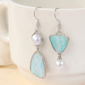 Elegant Asymmetric Pearl Blue Stone Drop Earrings Silver Tone Brass Women Daily Fashion Jewelry Gift