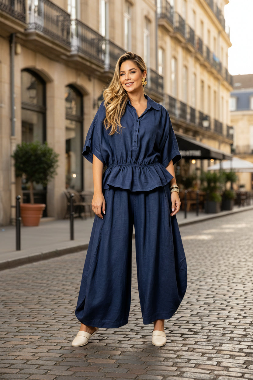 Women's Plus Size Belted Shirt & Wide-Leg Pants Two-Piece Set