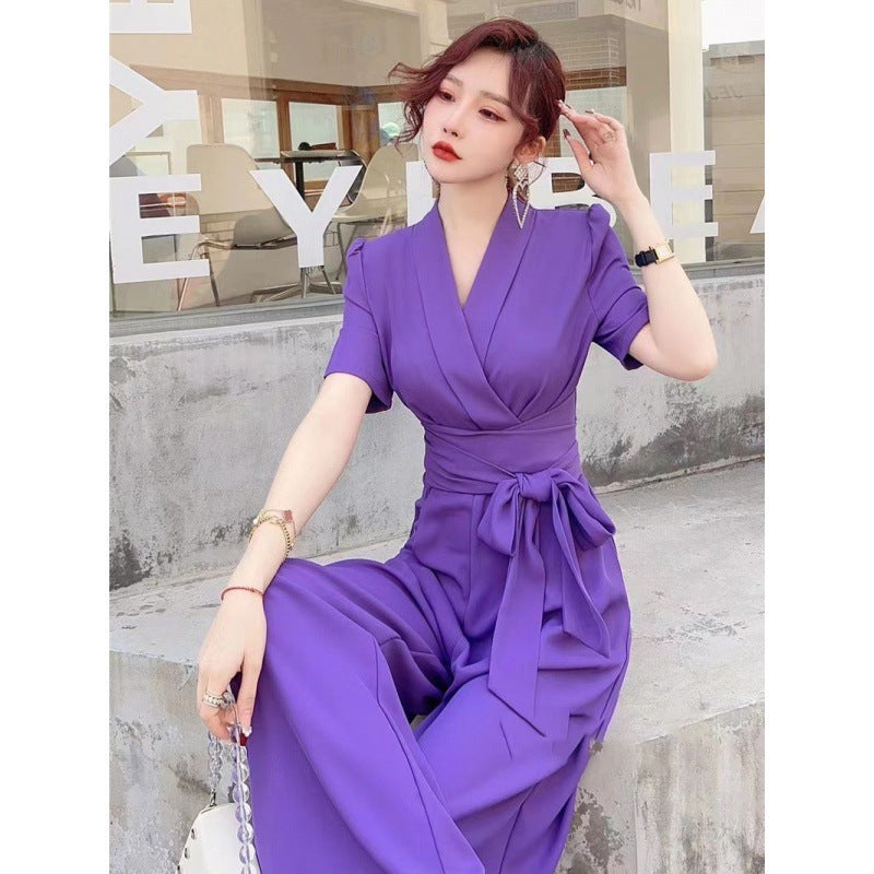 Elegant Wide Leg Jumpsuit - High Waist Slimming Tie-Front V-Neck