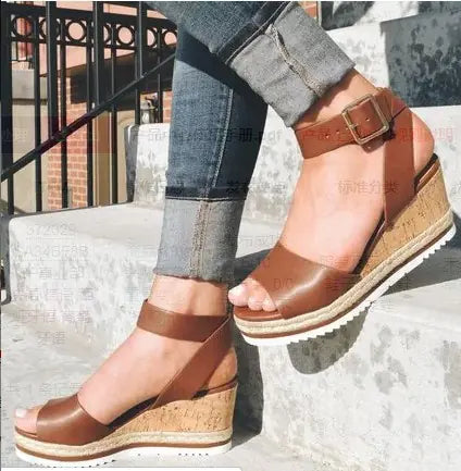 Women's Comfortable Cork Wedge Sandals with Buckle Closure - Image 36