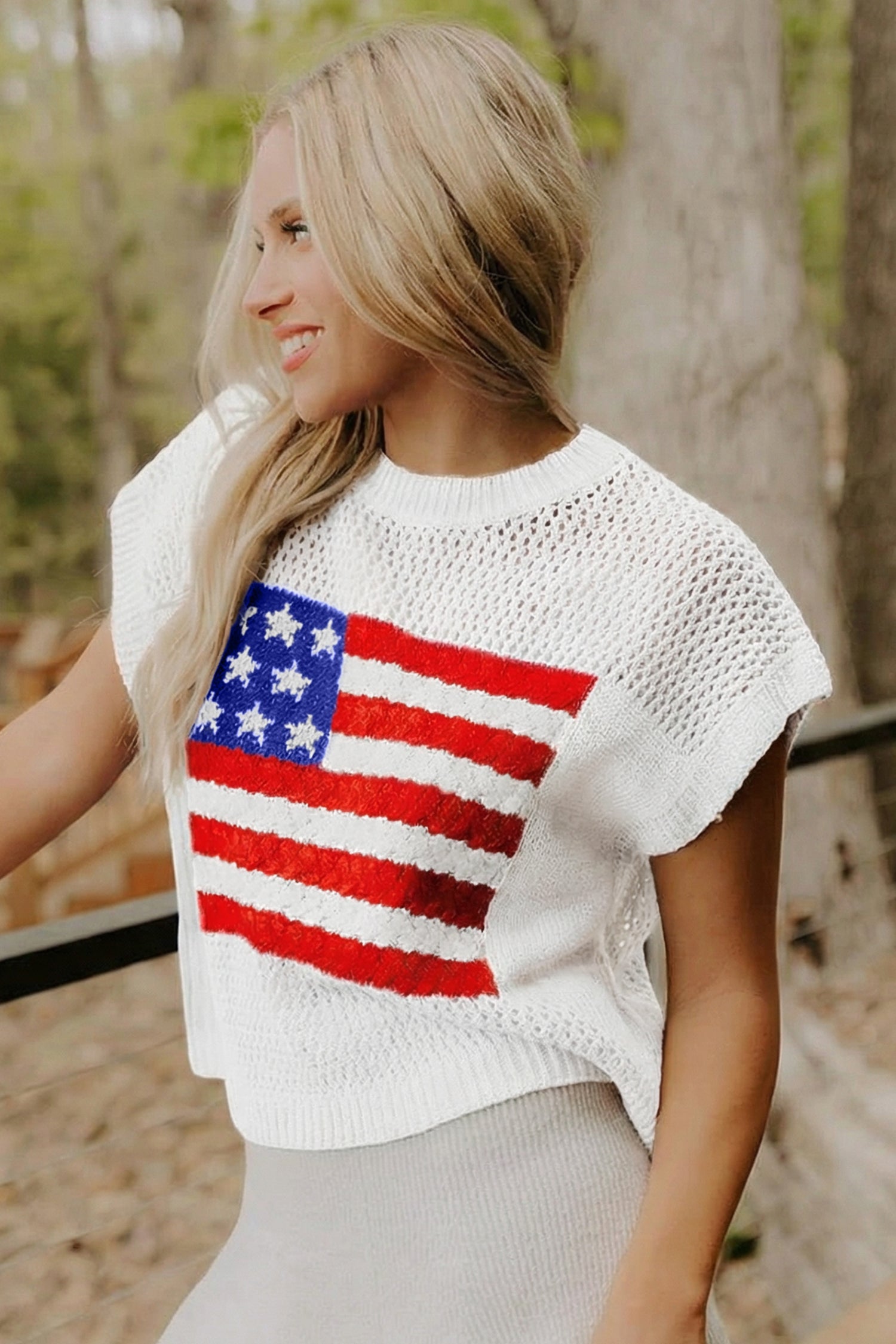 USA Flag Crochet Short Sleeve Sweater Top
