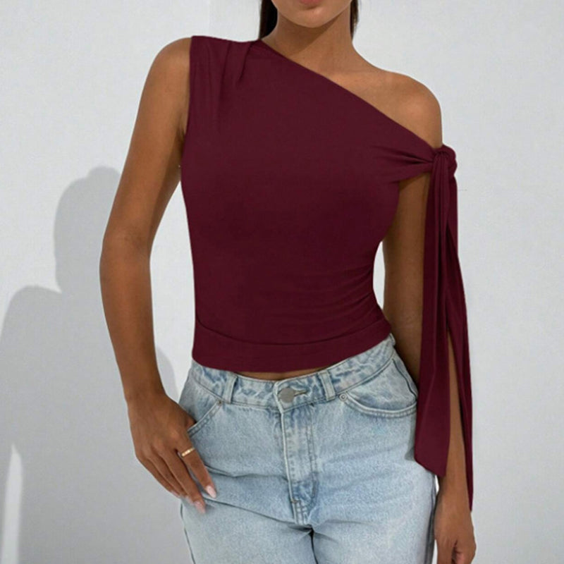 White One-Shoulder Asymmetrical Tie-Shoulder Going Out Party Top