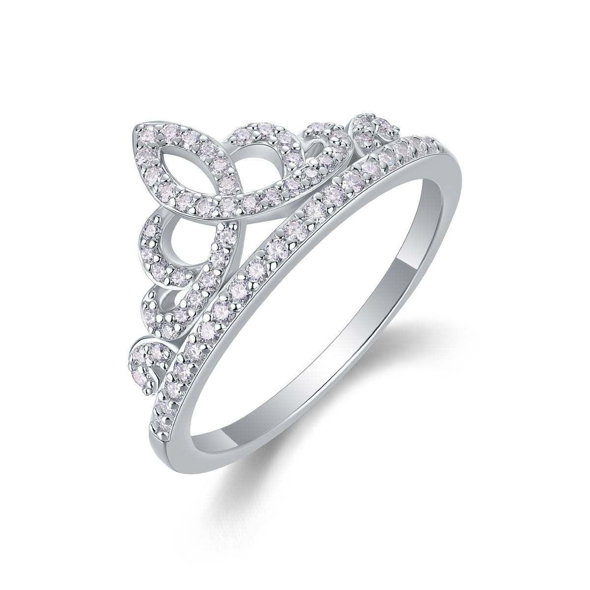 S925 Silver 1.9g Platinum Plated Moissanite Crown Ring, D VVS1 Pave Band, GRA Certified US 5-9