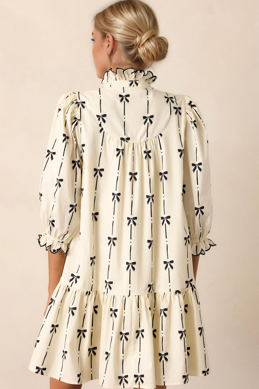 Cream and Black Bow Print Frill Mini Dress