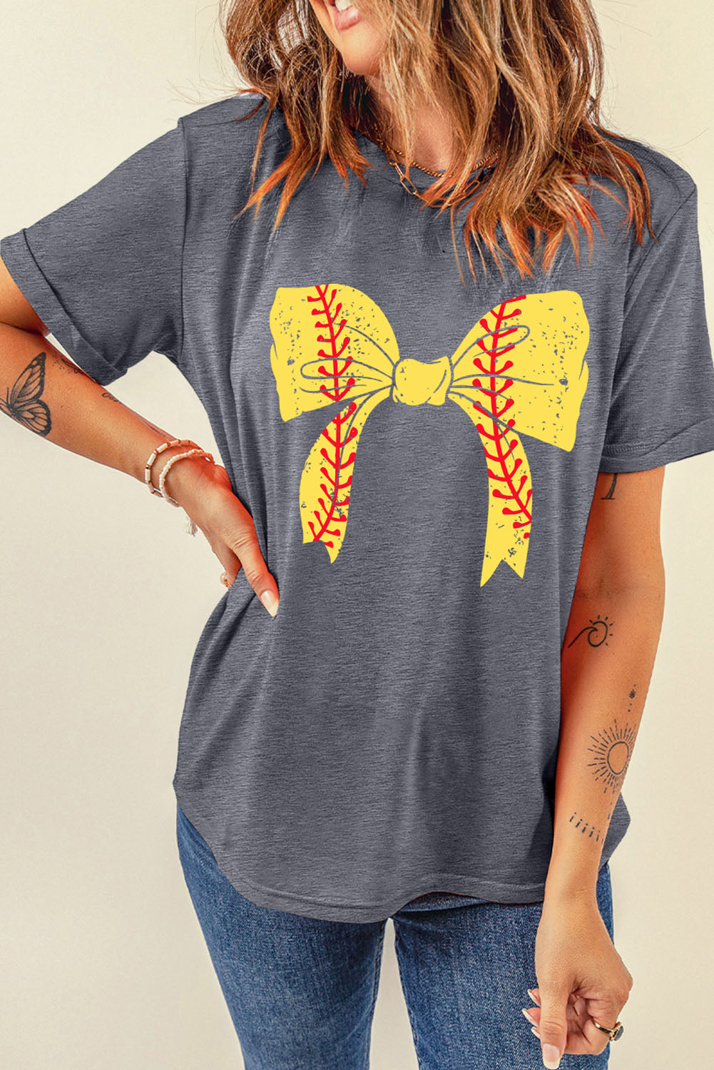 Gray Casual Baseball Graphic Tee with Bowknot & Roll Up Sleeves
