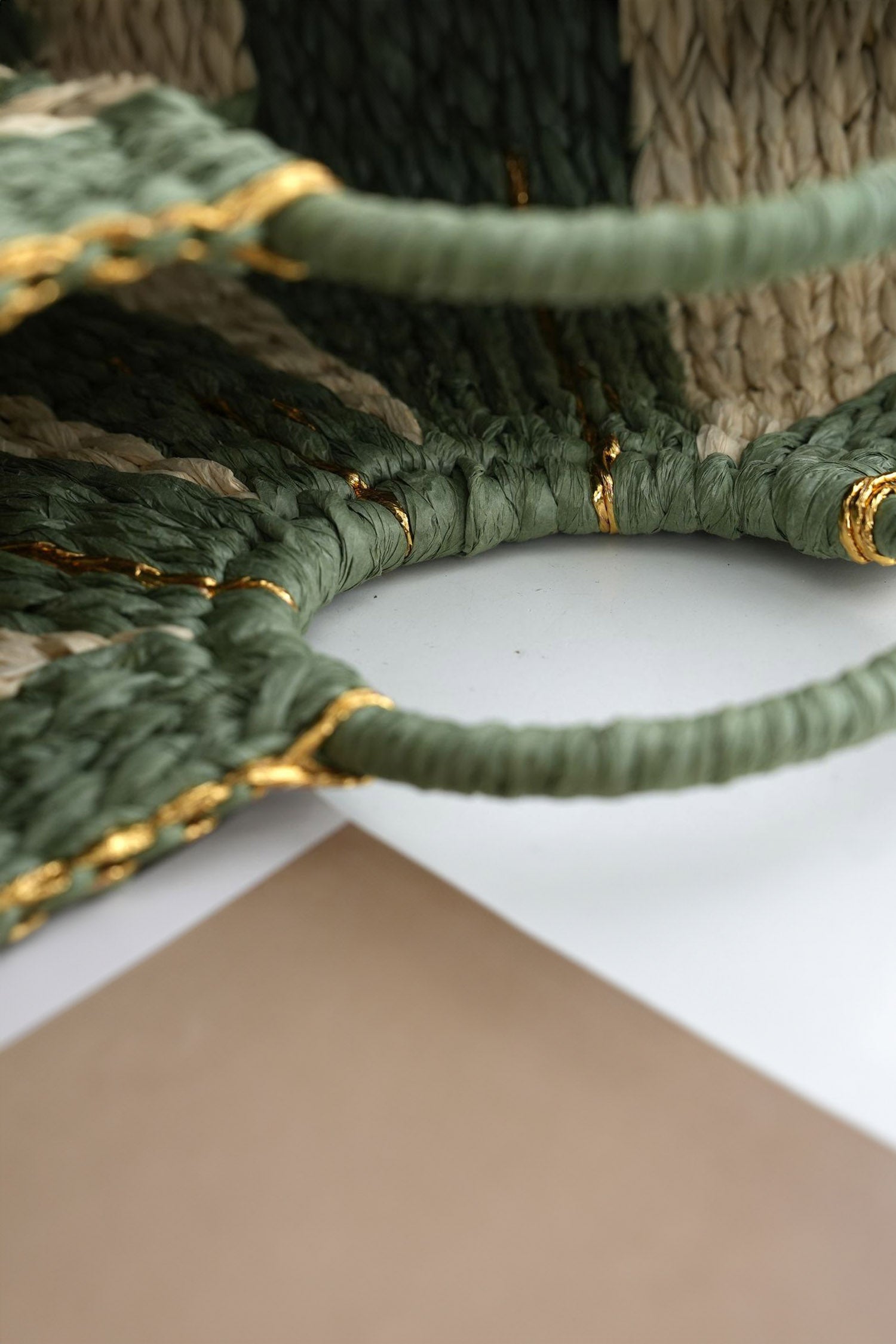 Rachel Handwoven Straw Tote Bag in Sage Green and Cream Stripe