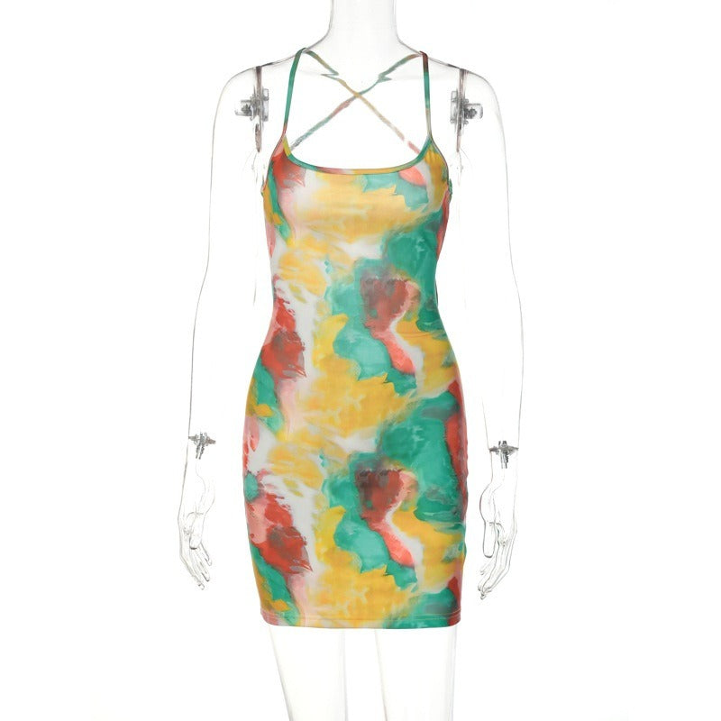New Tie-Dye Hook-Front Bodycon Mini Dress with Straps